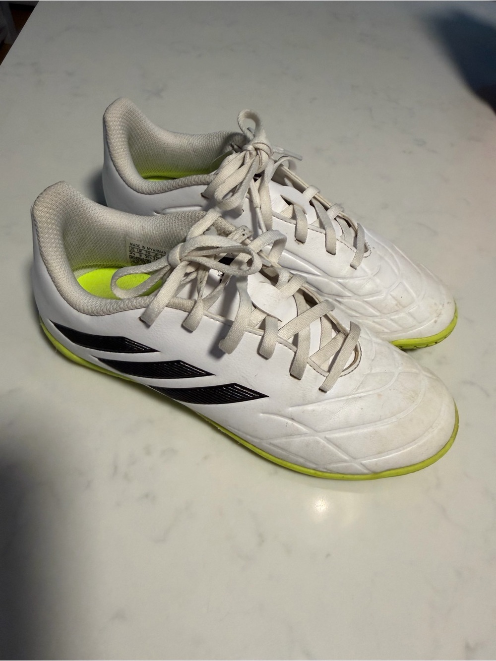 adidas White Soccer Shoes with Black Stripes and Neon Yellow Accents